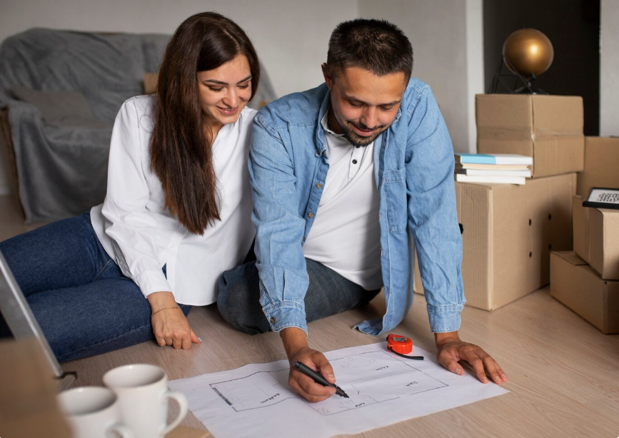 Pareja reunida, analizando un plano para  remodelar una vivienda
