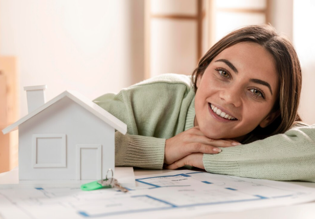 Mujer feliz con maqueta de casa, llaves y planos de vivienda