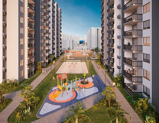 Proyecto Altum de Amarilo en Ricaurte con arquitectura moderna, zonas comunes y potencial de rentas cortas