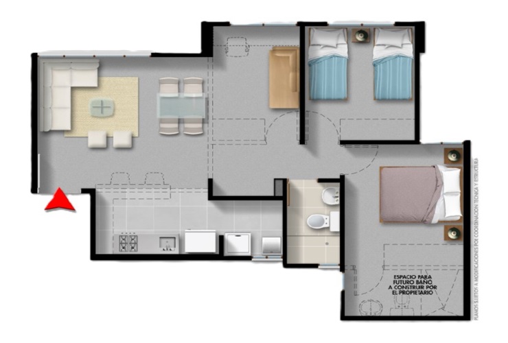 Plano 56m² Apartamentos Cayena IV Soacha, Colombia
