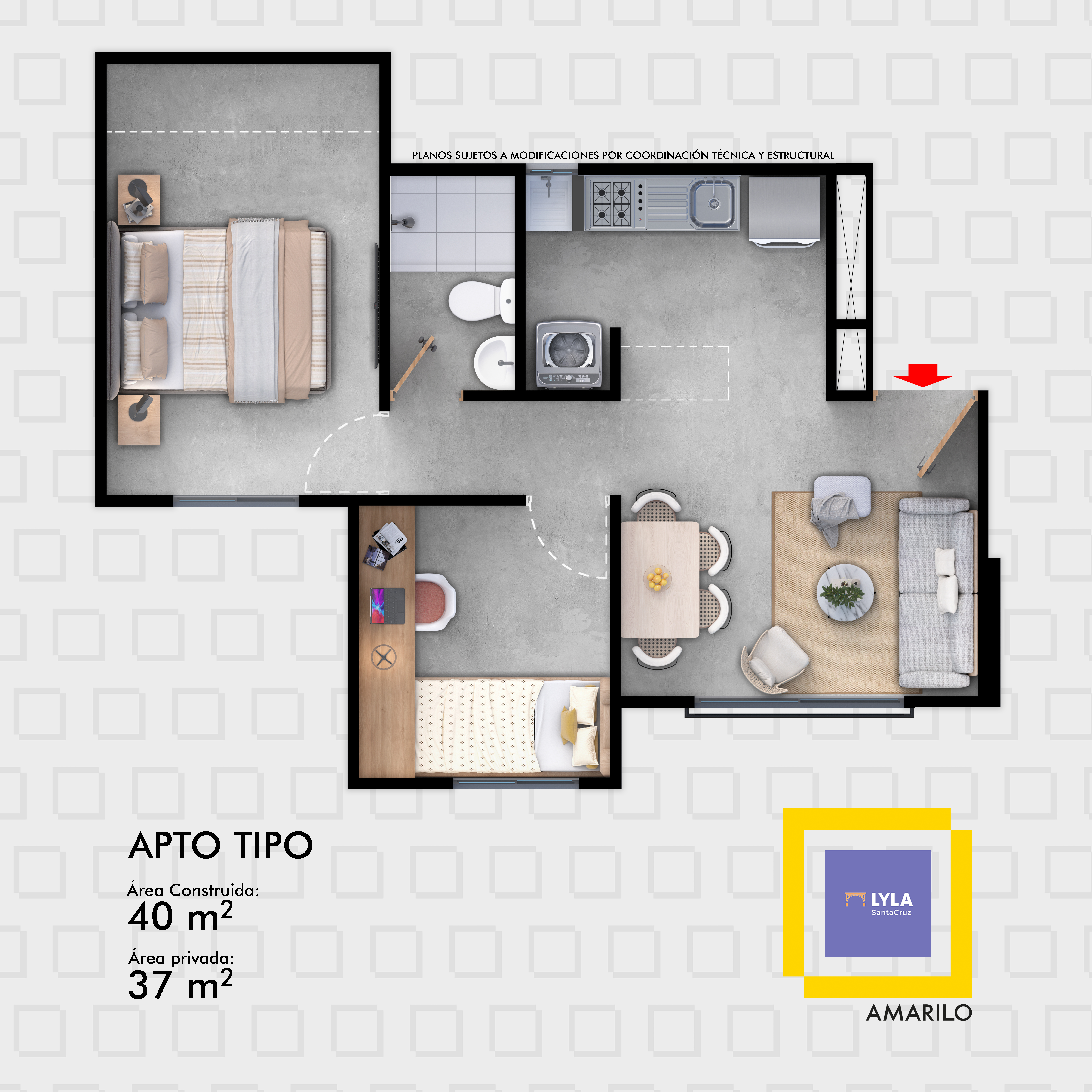 Plano Apto Tipo 40m2 Lyla Ibagué, Colombia